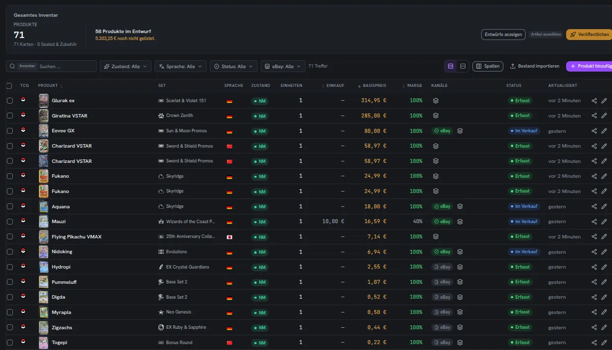 Inventarliste im InSleeve Manager: Karten mit Set, Sprache, Zustand, Basispreis, Marge, Kanal und Status.